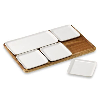 6 Piece White Porcelain Grazing Board with Acacia Wood