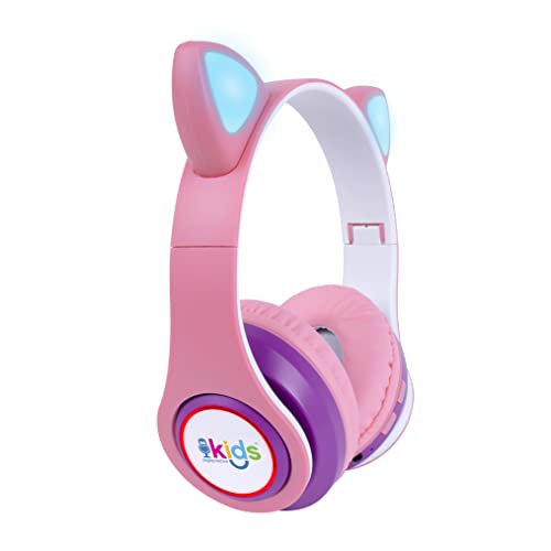 Singing Machine SMK302PP Kids Bluetooth Wireless Cat Headphones with Built-in Microphone and Rechargeable Battery, Pink