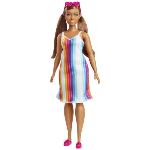 Barbie Loves the Ocean Beach-Themed Doll (11.5-inch Curvy Brunette), Made from Recycled Plastics, Wearing Fashion & Accessories, For 3 to 7 Year Olds