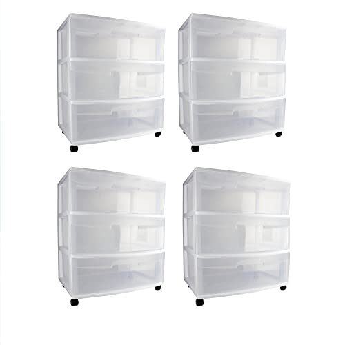 Sterilite Wide 3 Drawer Storage Cart, Plastic Rolling Cart with Wheels to Organize Clothes in Bedroom, Closet, White with Clear Drawers, 4-Pack