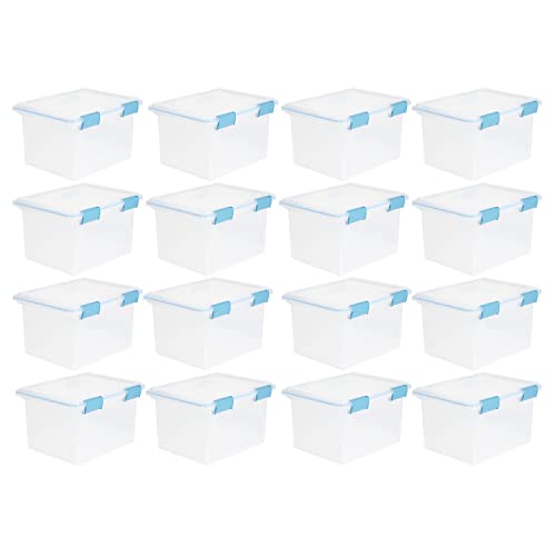 Sterilite 32 Quart Stackable Clear Plastic Storage Tote Container with Blue Gasket Latching Lid for Home and Office Organization, Clear (16 Pack)