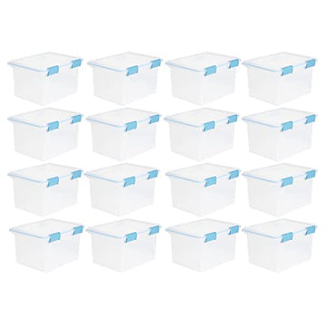 Sterilite 32 Quart Stackable Clear Plastic Storage Tote Container with Blue Gasket Latching Lid for Home and Office Organization, Clear (16 Pack)