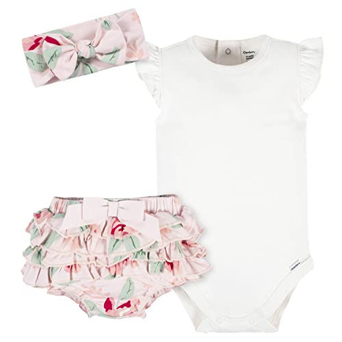 Gerber Baby Girls Short Sleeve Onesies, 3-Piece Bodysuit, Diaper Cover & Headband Set, Pink Rose, 0-3 Months US