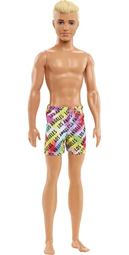Barbie Ken Beach Doll with Blond Hair Dressed in Colorful Los Angeles-Print Swim Trunks