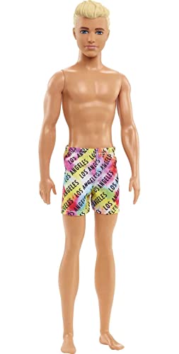 Barbie Ken Beach Doll with Blond Hair Dressed in Colorful Los Angeles-Print Swim Trunks