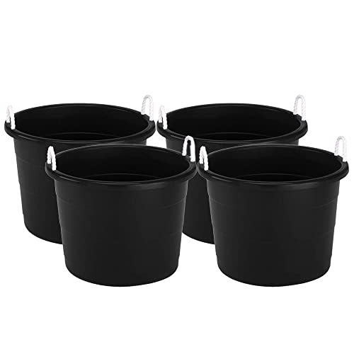 Homz 0417BKDC Plastic 17 Gallon Utility Storage Container Bucket Tub with Rope Handle, Black, Set of 4 Buckets