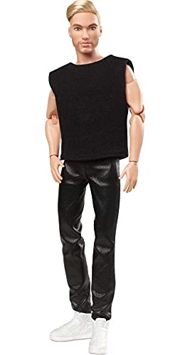 Barbie Signature Looks Ken Doll (Blonde with Facial Hair) Fully Posable Fashion Doll Wearing Black T-Shirt & Vinyl Pants, Gift for Collectors