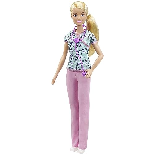 Barbie Nurse Blonde Doll (12-in) with Scrubs Featuring a Medical Tool Print Top & Pink Pants, White Shoes & StethoscopeAccessory, Great For Ages 3 Years Old & Up