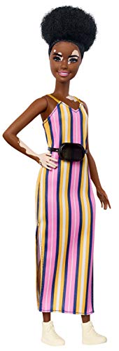 Barbie Fashionistas Doll with Vitiligo and Curly Brunette Hair Wearing Striped Dress and Accessories, for 3 to 8 Year Olds