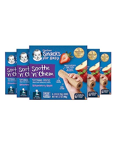 Gerber Snacks for Baby, Baby Food, Baby Snacks, Sitter, Soothe N Chew Teething Sticks, Strawberry Apple, Teether, Baby Teether, 5 Boxes of 6 Individually Wrapped Sticks (30 Count)