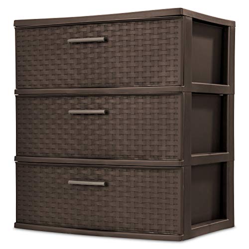 Sterilite 25306P01 3 Drawer Wide Weave Tower, Espresso Frame & Drawers with Driftwood Handles, 2-Pack