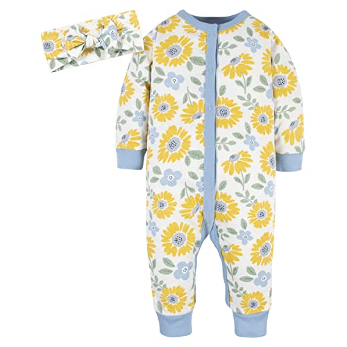 Gerber Baby Girls 2-Piece Boutique Coverall & Headband Set, Yellow Sunflower, 12 Months