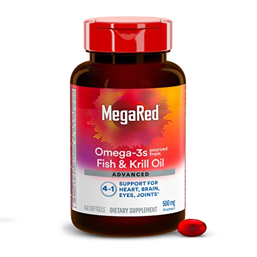 Omega 3 Fish Oil Supplement + Krill Oil 500mg, MegaRed Advanced 4in1 EPA & DHA Omega 3 Fatty Acid Softgels (140cnt bottle), Phospholipids, Supports Brain Eye Joint & Heart Health