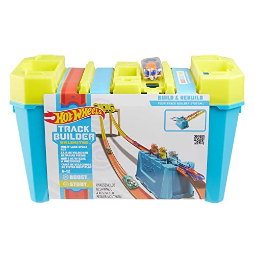 Hot Wheels Track Builder Playset, Multi-Lane Speed Box, 18 Component Parts with Storage, 2 Toy Cars in 1:64 Scale