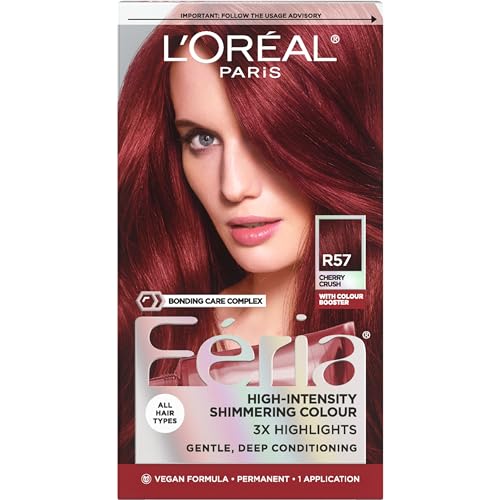 L'Oreal Paris Feria Multi-Faceted Shimmering Permanent Hair Color, R57 Cherry Crush (Intense Medium Auburn), Pack of 1, Hair Dye