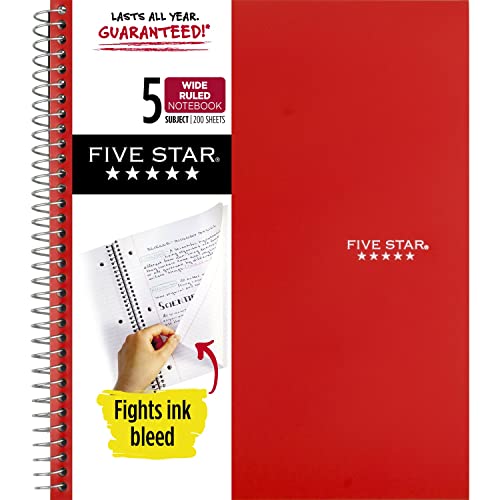 Five Star Spiral Notebook, 5-Subject, Wide Ruled Paper, Fights Ink Bleed, Water Resistant Cover, 8