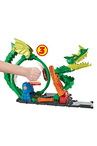 HOT WHEELS Track Set with 1:64 Scale Toy Firetruck, City Fire Station with Dragon Nemesis and Track Play, Dragon Drive Firefight