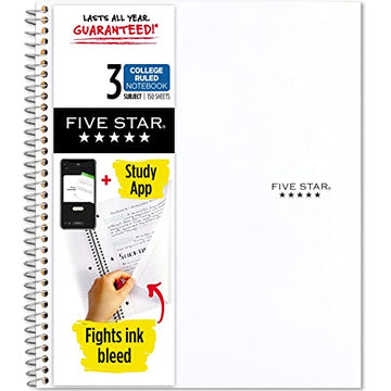 Five Star Spiral Notebook + Study App, 3-Subject, College Ruled Paper, Fights Ink Bleed, Water Resistant Cover, 8-1/2" x 11", 150 Sheets, White (72464)