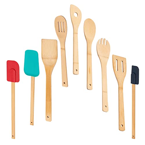 SEDLAV Kitchen Utensils Bamboo Set 9 pieces wood wooden tools with silicone spatulas for cooking