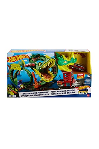 HOT WHEELS Track Set with 1:64 Scale Toy Firetruck, City Fire Station with Dragon Nemesis and Track Play, Dragon Drive Firefight