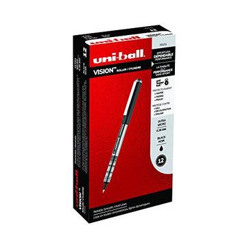 uni-ball Vision Rollerball Pens Fine Point Ultra-Micro Tip, 0.38mm, Black, 12 Pack