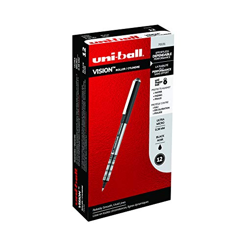 uni-ball Vision Rollerball Pens Fine Point Ultra-Micro Tip, 0.38mm, Black, 12 Pack