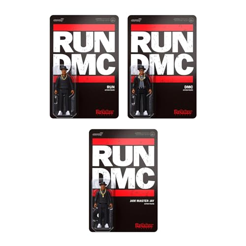 Super 7 DMC Reaction Figures Set of 3 - Run, Jam Master Jay and DMC. Classic Look - Black Fedoras, Thick Dookie Chains, and White Tennis Shoes.