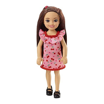 Barbie Chelsea Doll (Brunette) Wearing Ruffled Cherry-Print Dress and Black Shoes, Toy for Kids Ages 3 Years Old & Up