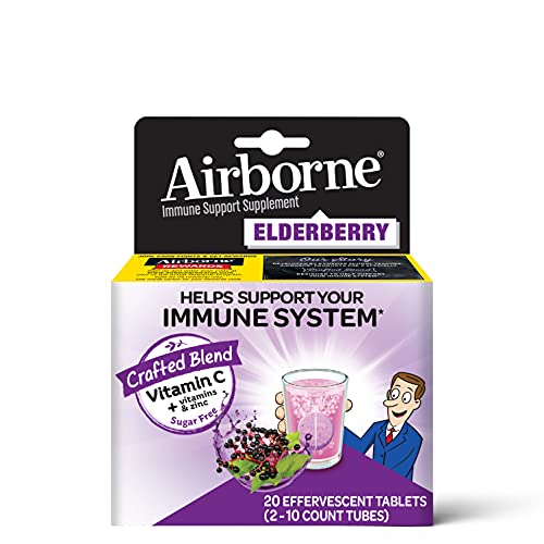 Airborne Elderberry + Zinc & Vitamin C Effervescent Tablets, Immune Support Supplement With Powerful Antioxidant Vitamins A C E, 20 Fizzy Drink Tablets, Elderberry Flavor