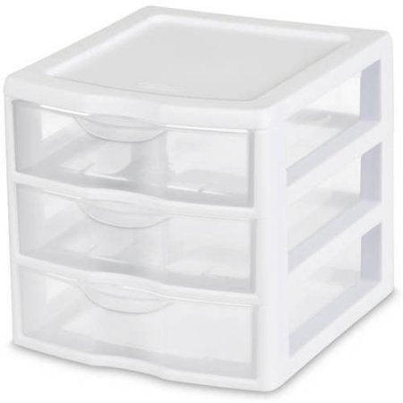 Sterilite Small 3 Drawer Organizer - White, Clear Drawers, Case of 6