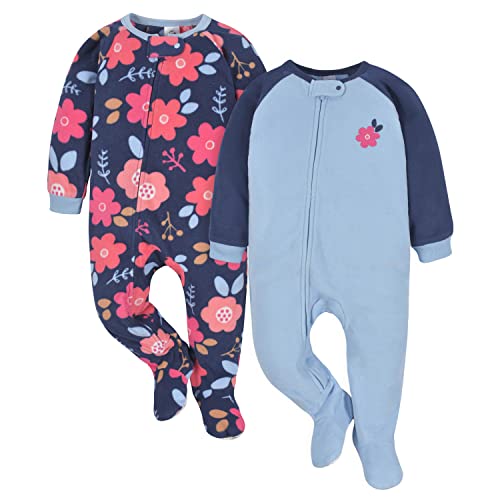 Gerber Baby Girls Toddler Loose Fit Flame Resistant Fleece Footed Pajamas 2-Pack Floral Blue 3-6 Months