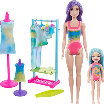 Barbie Color Reveal Set, Tie-Dye Fashion Maker, Color Reveal Barbie Doll, Chelsea Doll and Pet, Tie-Dye Tools and Dye-able Fashions