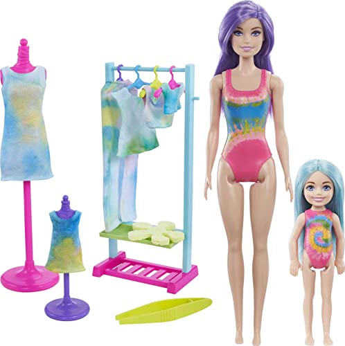 Barbie Color Reveal Set, Tie-Dye Fashion Maker, Color Reveal Barbie Doll, Chelsea Doll and Pet, Tie-Dye Tools and Dye-able Fashions