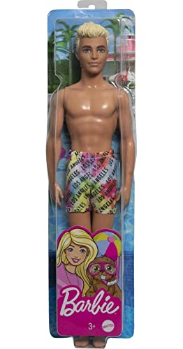 Barbie Ken Beach Doll with Blond Hair Dressed in Colorful Los Angeles-Print Swim Trunks