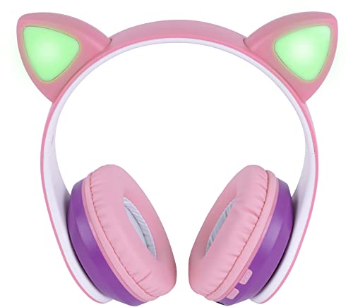 Singing Machine SMK302PP Kids Bluetooth Wireless Cat Headphones with Built-in Microphone and Rechargeable Battery, Pink