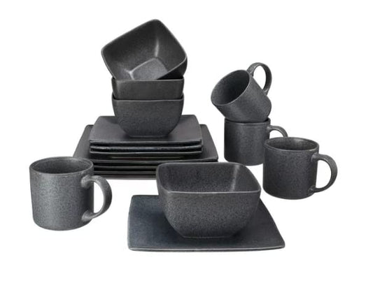 Dark Gray Square-Shaped 16-Piece Dinnerware Set | Made of 100% Ceramic Stoneware | Gray, Large