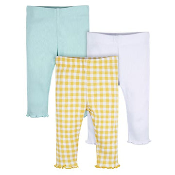 Gerber Baby Girls' 3-Pack Pull-On Knit Leggings, Yellow White Blue, 6-9 Months