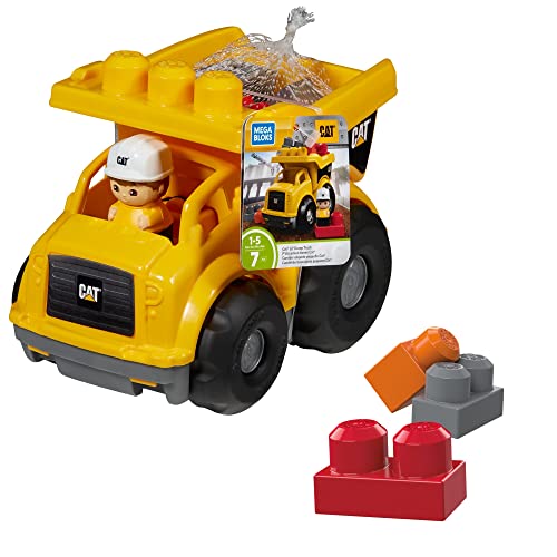MEGA BLOKS Cat Building Blocks Toy Fisher Price, Lil Dump Truck With 7 Pieces, 1 Figure, Yellow, Gift Ideas For Kids