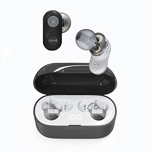 Maxell – 199652, Experience High-Fidelity Sound with Dual-Driver True Wireless Earbuds - Featuring Bluetooth 5.0, 20 Hours of Playtime, Pro Noise Cancelling and IPX3 Water Resistance - Black/Grey
