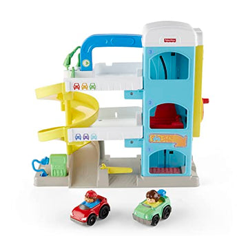 Fisher-Price Little People Toddler Toy Helpful Neighbor's Garage Playset with Spiral Ramp and 2 Wheelies Cars for Ages 18+ Months