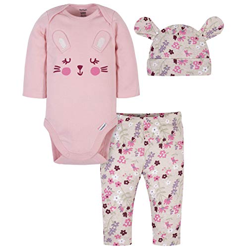 Gerber Baby Girls' 3-Piece Bodysuit, Cap, and Pant Set, Pink Bunny Print, 24 Months