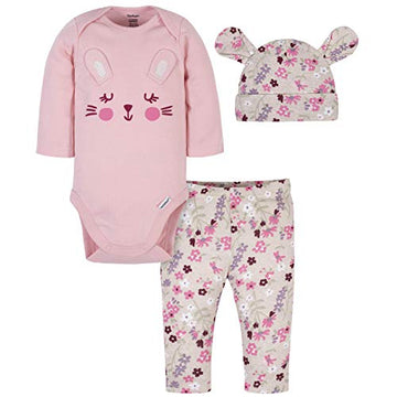 Gerber Baby Girls' 3-Piece Bodysuit, Cap, and Pant Set, Pink Bunny Print, 24 Months