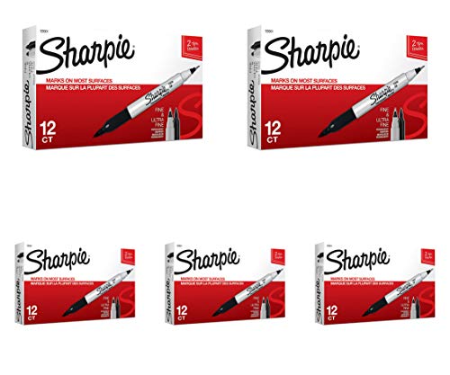 Sharpie Twin Tip Fine Point and Ultra Fine Point Permanent Markers, 5 Black Marker