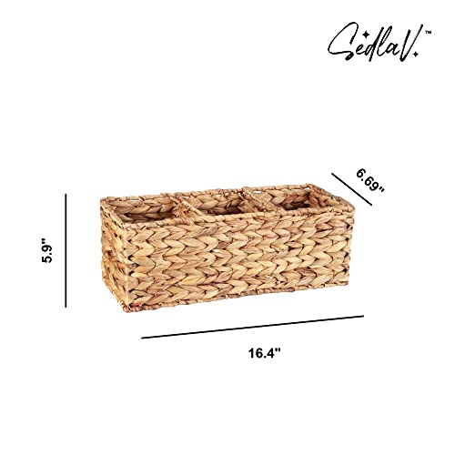 SEDLAV 3-Section Water Hyacinth Tank Basket – Hand-Woven Wicker Storage Baskets for Shelves – Versatile Small Basket for Bathroom Basket Organizer, Bedroom, Closet, Office – Natural, Eco-Friendly