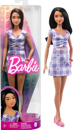 Barbie Doll, Kids Toys, Fashionistas, Wavy Black Hair and Tall Body Type, Gingham Cut-Out Dress, Clothes and Accessories