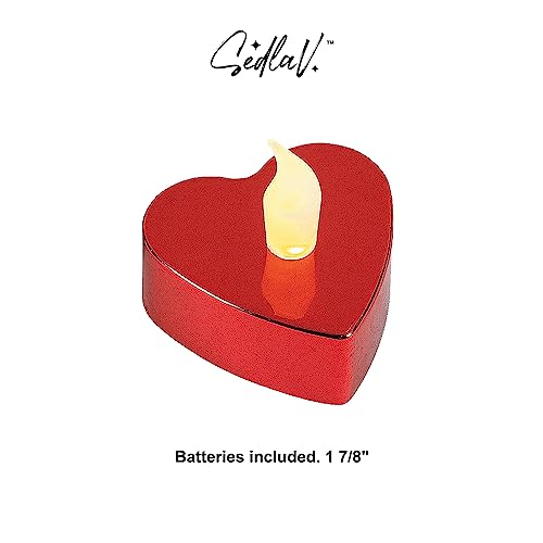 SEDLAV Red Metallic Heart-Shaped Battery-Operated Tea Light Candles Pack of 12 - Tea Lights Candles Battery Operated, Battery Operated Candles with Flickering Flame, Flameless Candles with Timer