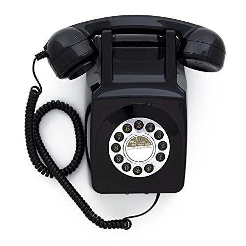 GPO 746 Wall-Mounted Push-Button Retro Landline Phone - Curly Cord, Authentic Bell Ring - Black