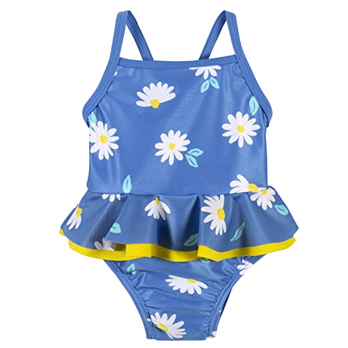Gerber Girls' One-Piece Swimsuit, Blue Daisies, 6-9 Months