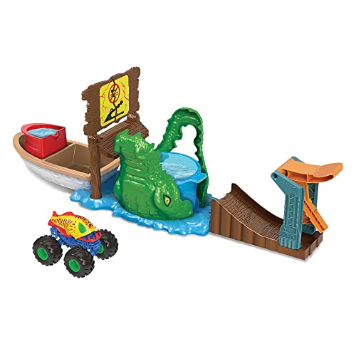 Hot Wheels Monster Trucks Attack on the Croco Set with 1 Monster Truck Color Shifters, Water Game, Children's Toy, Age 4 and Above, HGV14