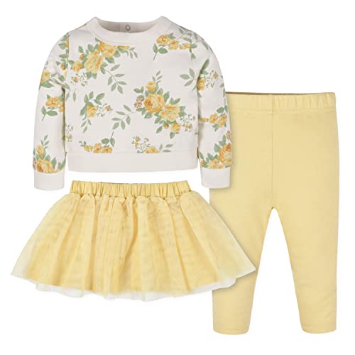 Gerber Baby Girls Toddler 3-piece French Terry Tulle Tutu, Top, Skirt, & Legging Set, Yellow Roses, 12 Months US